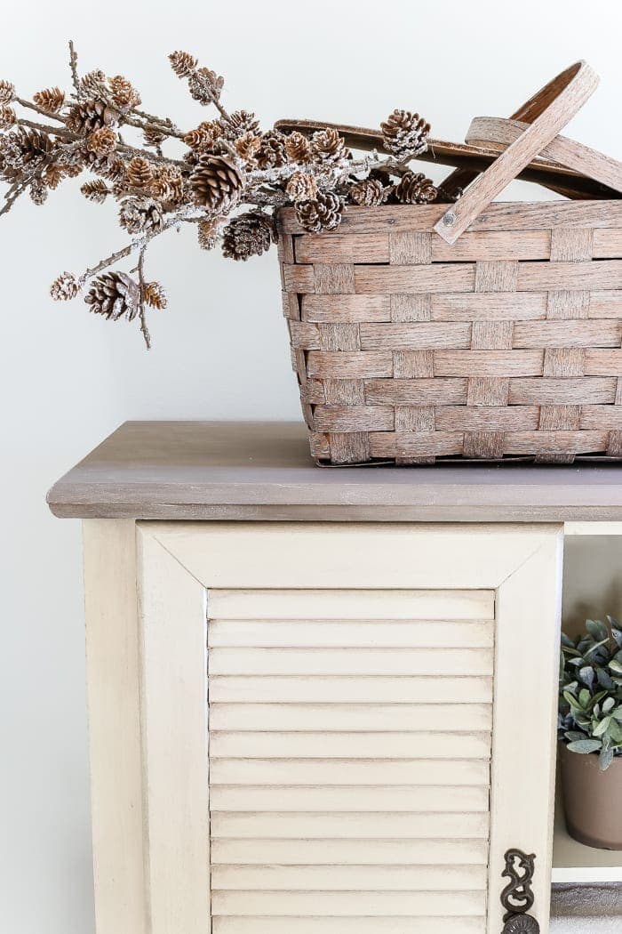 Faux Antique Shutter Armoire Makeover | blesserhouse.com - A basic veneer cabinet gets a faux antique makeover using Fusion Mineral Paint in the color Plaster aged with Espresso wax and cast iron hardware. 