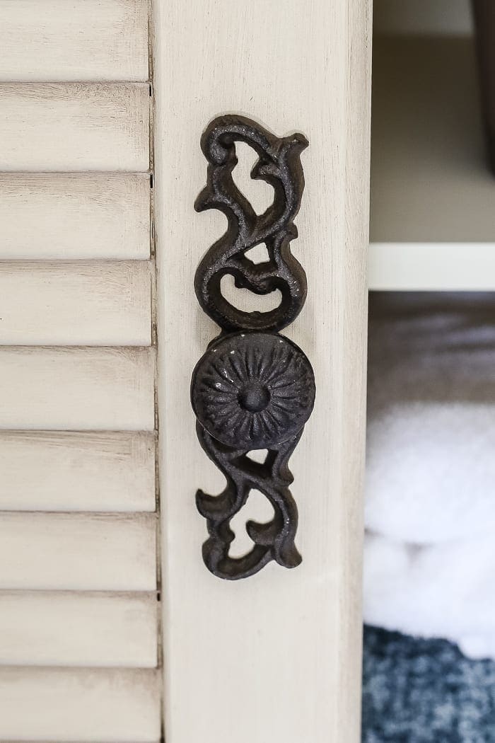 Faux Antique Shutter Armoire Makeover | blesserhouse.com - A basic veneer cabinet gets a faux antique makeover using Fusion Mineral Paint in the color Plaster aged with Espresso wax and cast iron hardware. 