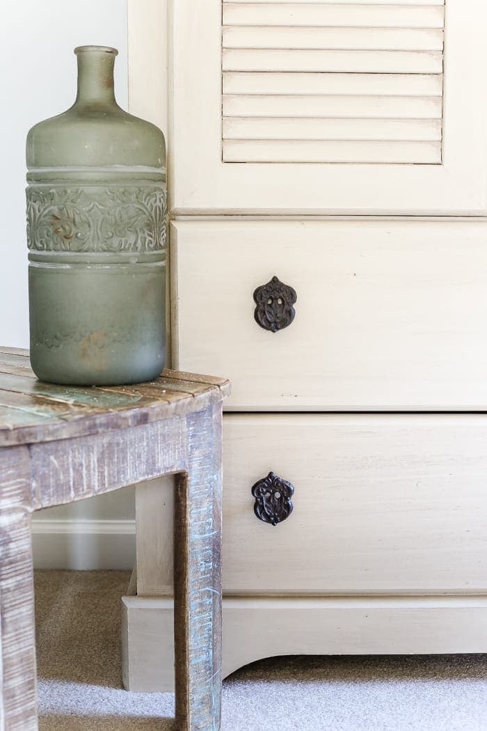 Faux Antique Shutter Armoire Makeover | blesserhouse.com - A basic veneer cabinet gets a faux antique makeover using Fusion Mineral Paint in the color Plaster aged with Espresso wax and cast iron hardware. 