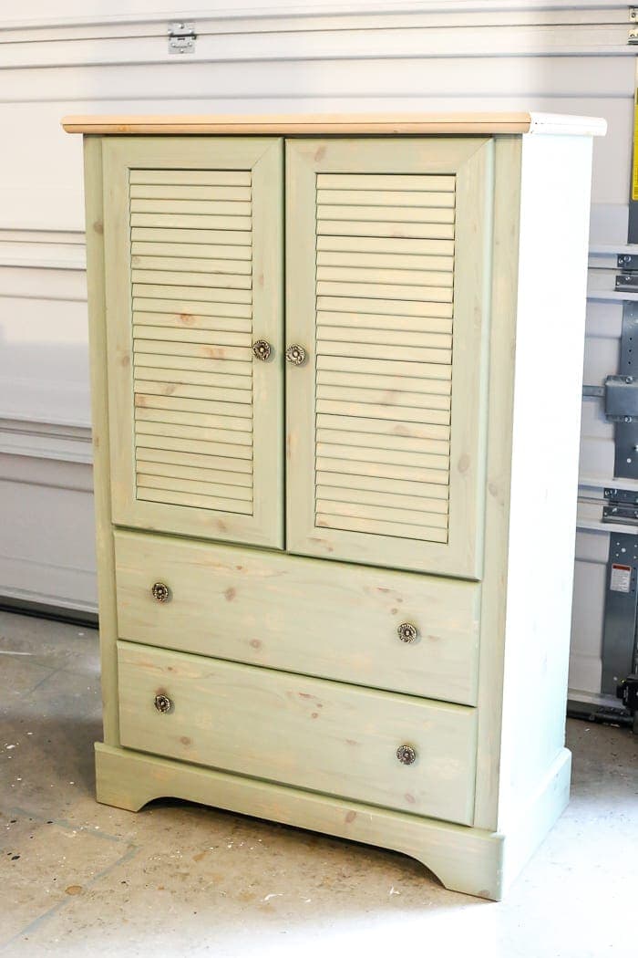 Faux Antique Shutter Armoire Makeover | blesserhouse.com - A basic veneer cabinet gets a faux antique makeover using Fusion Mineral Paint in the color Plaster aged with Espresso wax and cast iron hardware. 