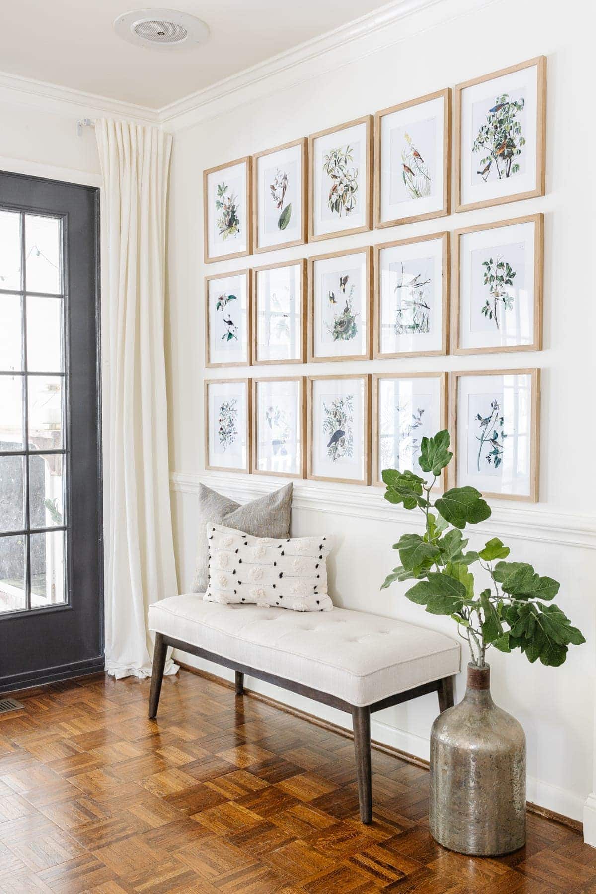 grid gallery wall with bird art audobon prints