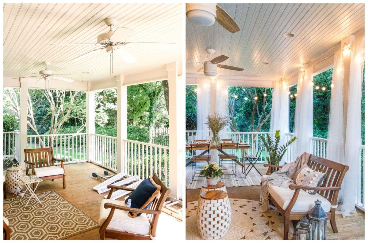back porch makeover with breezy mosquito net curtains and string lights
