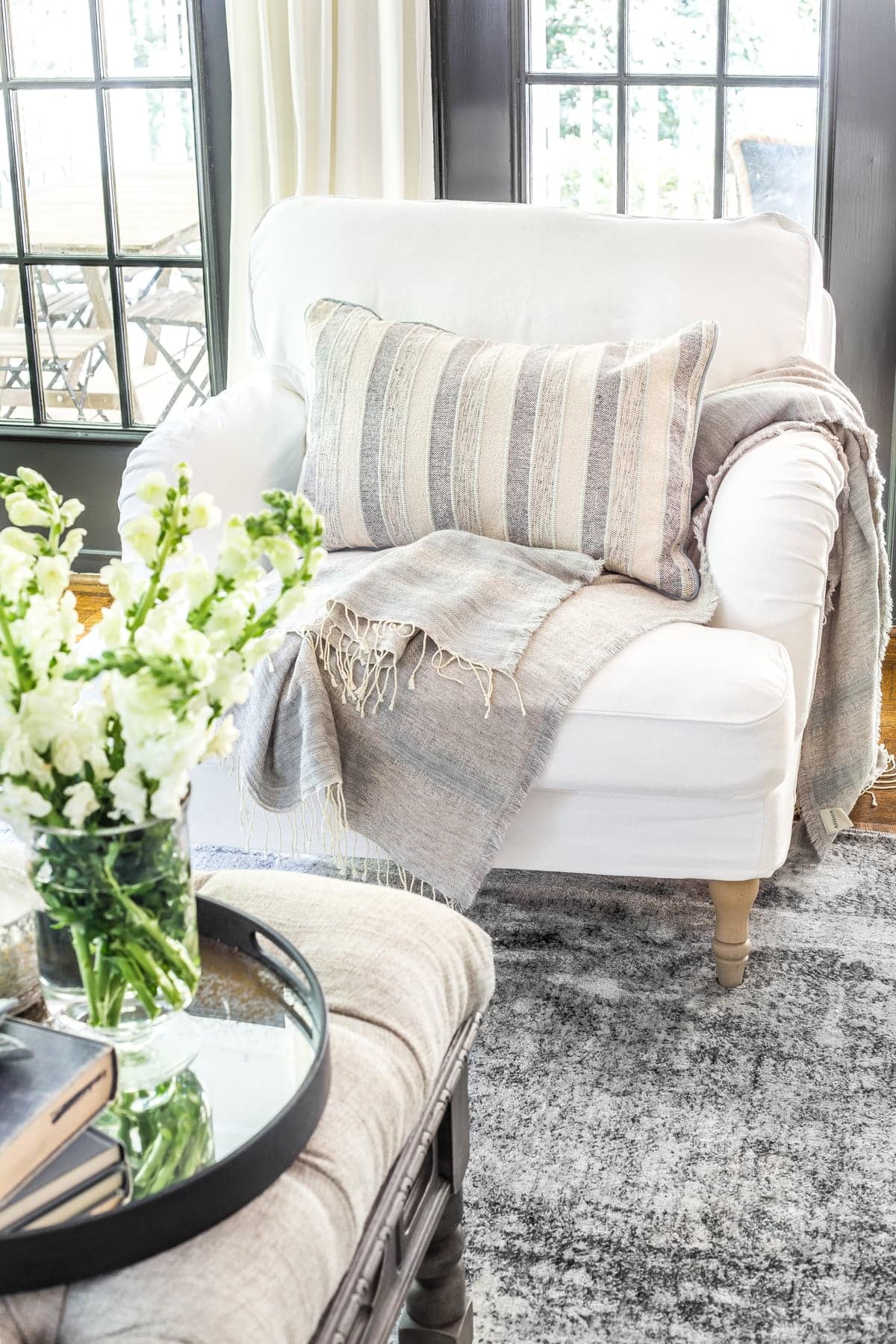 living room armchair with exposed legs to make a small room look bigger