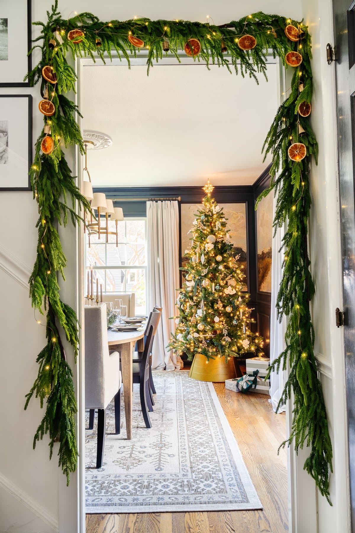 DIY dried orange garland in a doorway