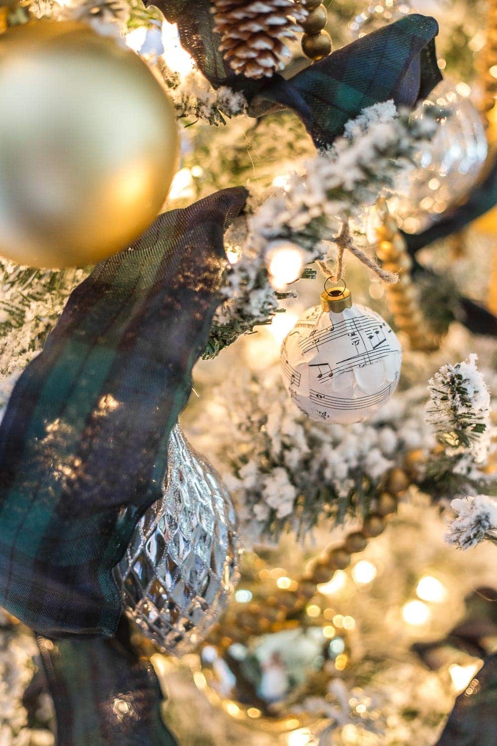 homemade Christmas ornaments with decoupaged sheet music