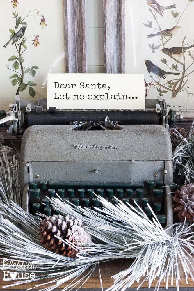 thrifted typewriter repurposed as vintage Christmas decor