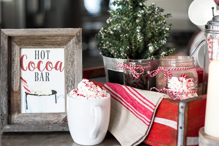 old soda crate repurposed as a hot cocoa station