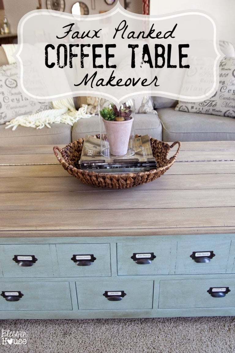 Faux Planked Coffee Table Makeover- Card Catalog Style