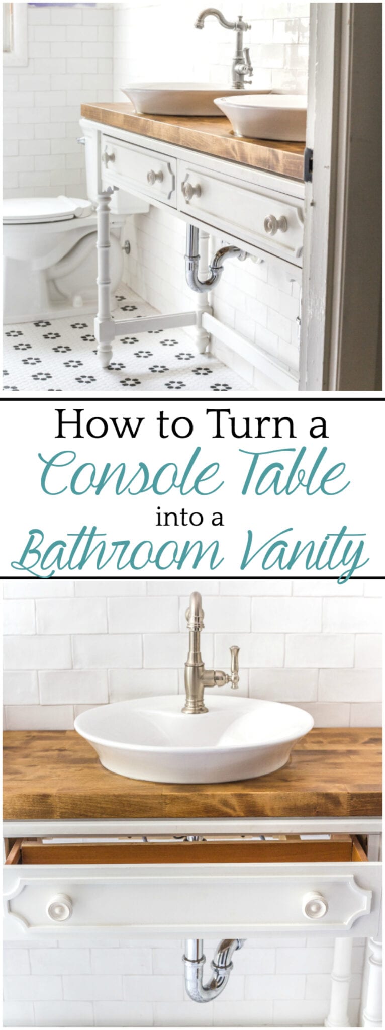How to Turn a Console Table Into a Bathroom Vanity | blesserhouse.com - A tutorial for how to reconstruct a console table to repurpose as a bathroom vanity and leave drawers functional underneath sinks. 