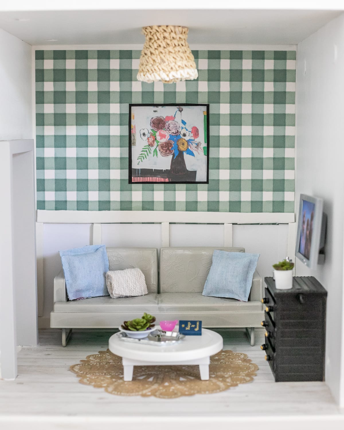 Barbie living room using handmade and thrifted items