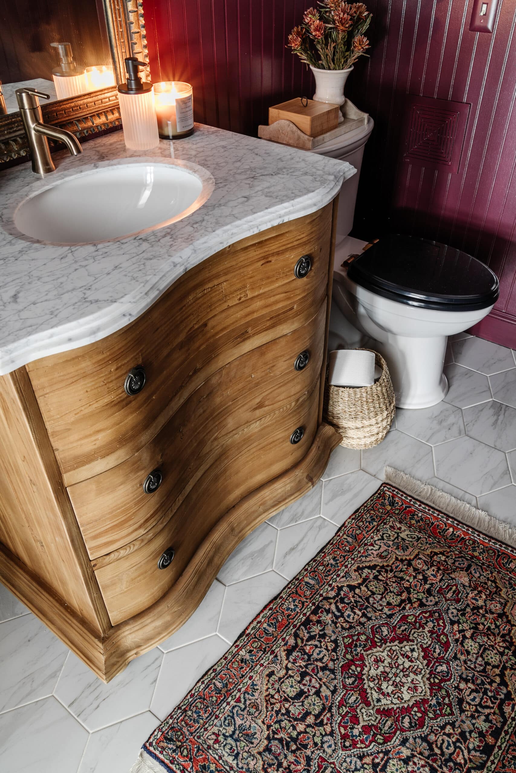 half bath makeover with a vintage rug as design inspiration