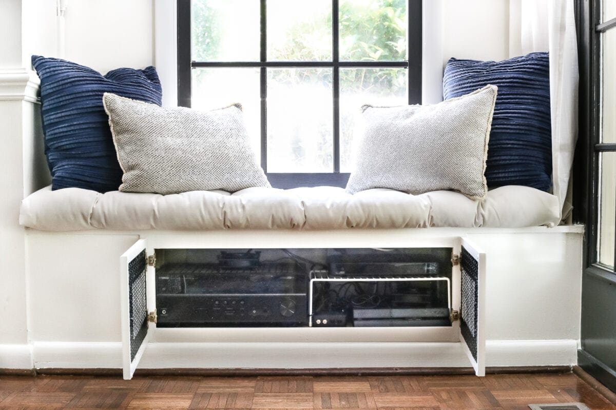 window seat with TV electronic storage for gaming system and cable box 