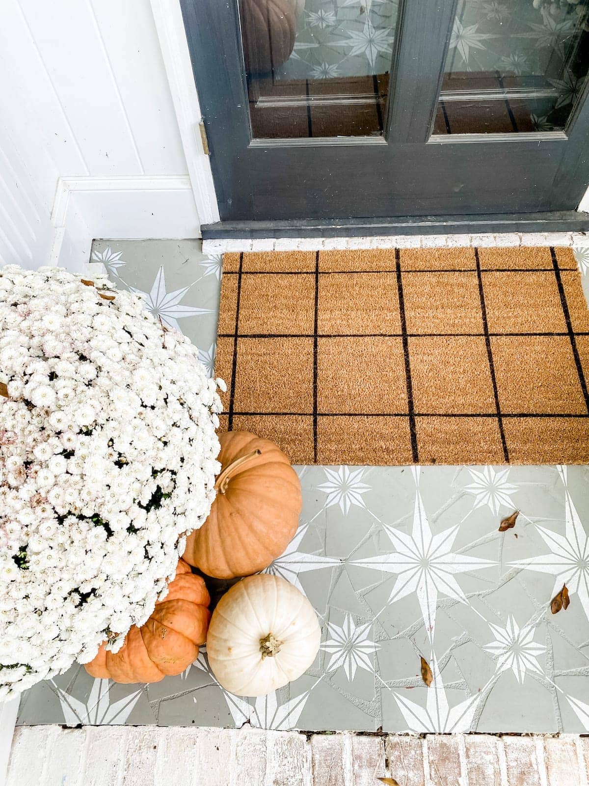 DIY Windowpane Check Welcome Mat and Stenciled Porch Floor