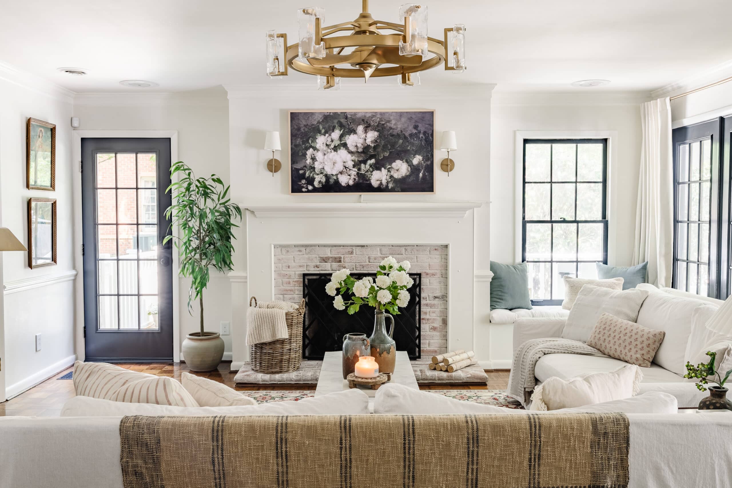 living room after with painted black french doors