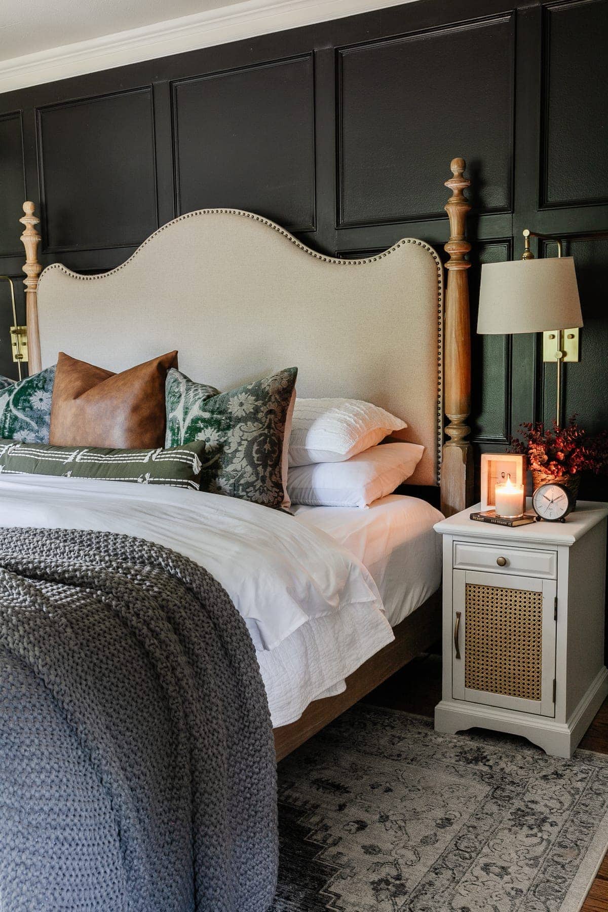 black bedroom with linen poster bed