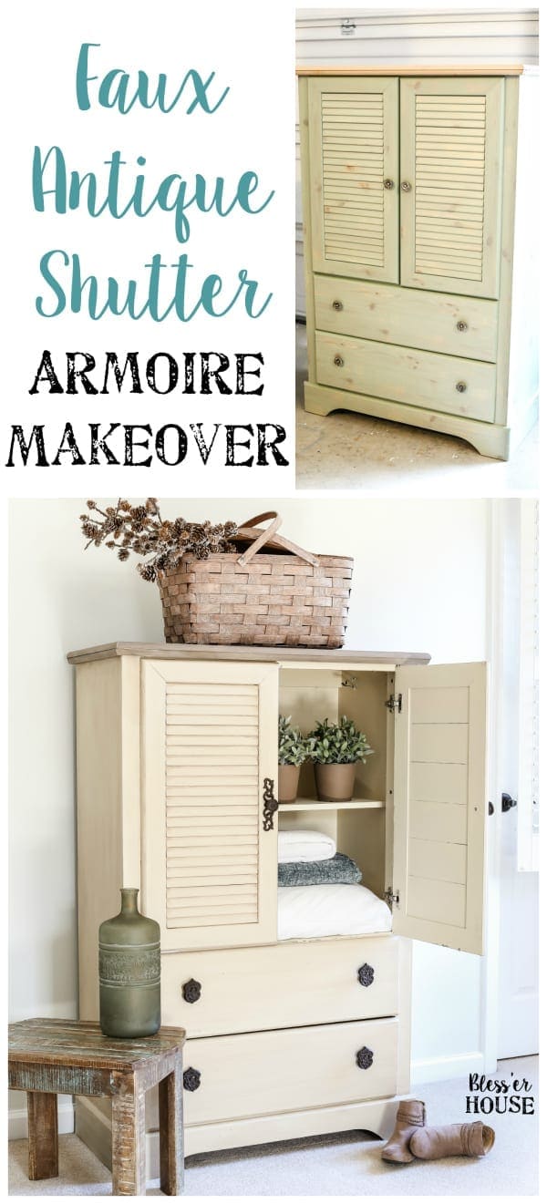 Faux Antique Shutter Armoire Makeover | blesserhouse.com - A basic veneer cabinet gets a faux antique makeover using Fusion Mineral Paint in the color Plaster aged with Espresso wax and cast iron hardware. 