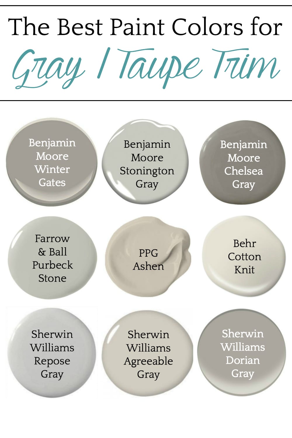 A round-up of taupe and gray trim paint inspirations for a modern-meets-classic look and the best paint colors to pull it off. #graytrim #taupetrim