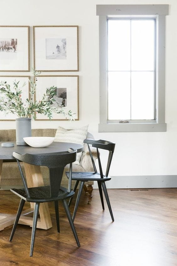 A round-up of taupe and gray trim paint inspirations for a modern-meets-classic look and the best paint colors to pull it off. #graytrim #taupetrim