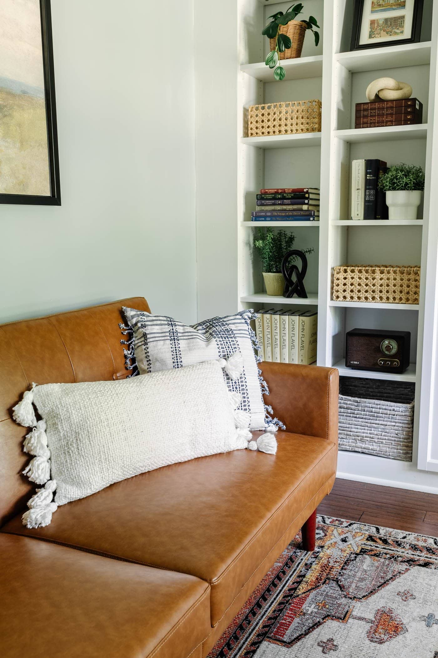 office lounge throw pillows and shelf decor with plants, baskets, and books