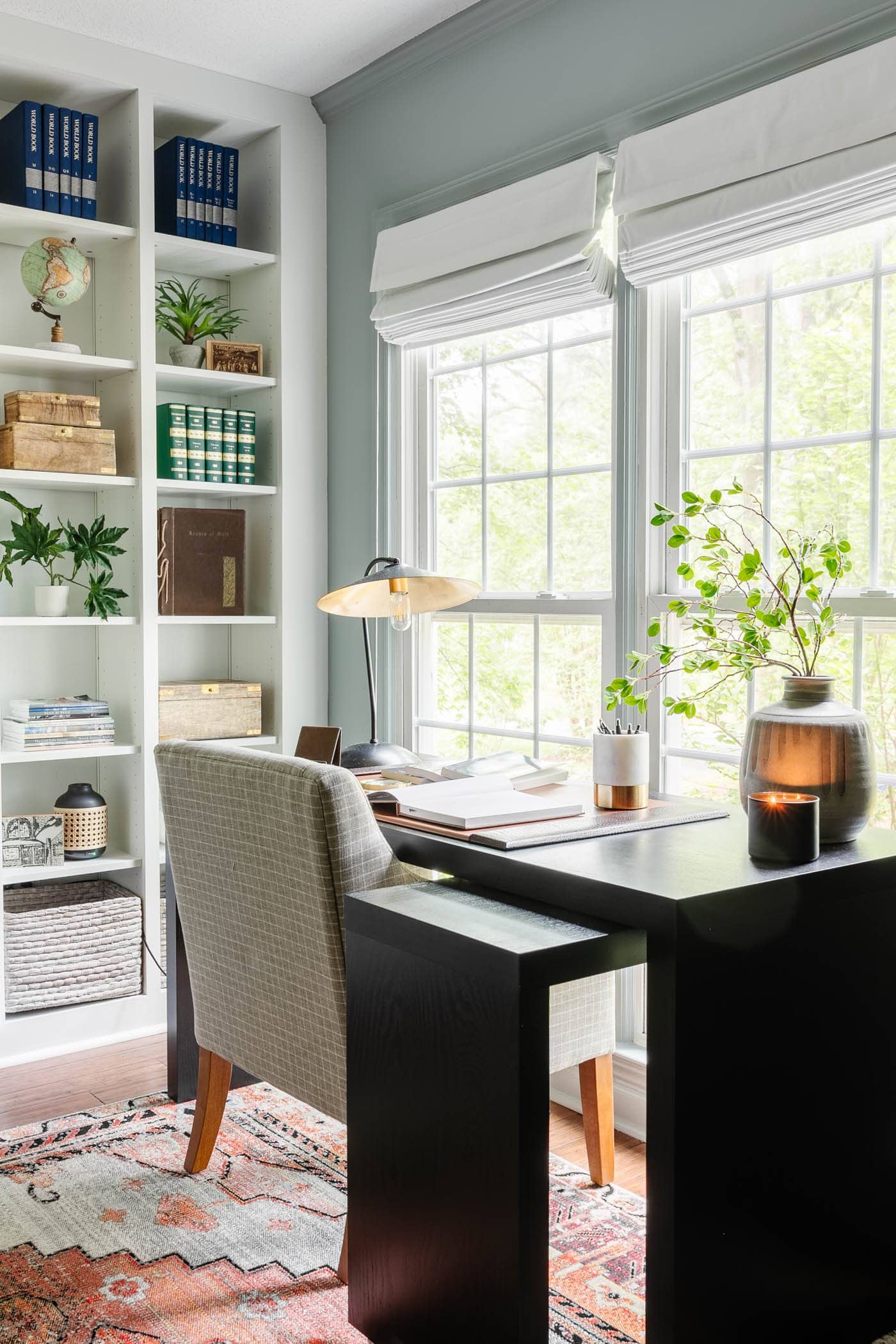 small home office with built in shelves