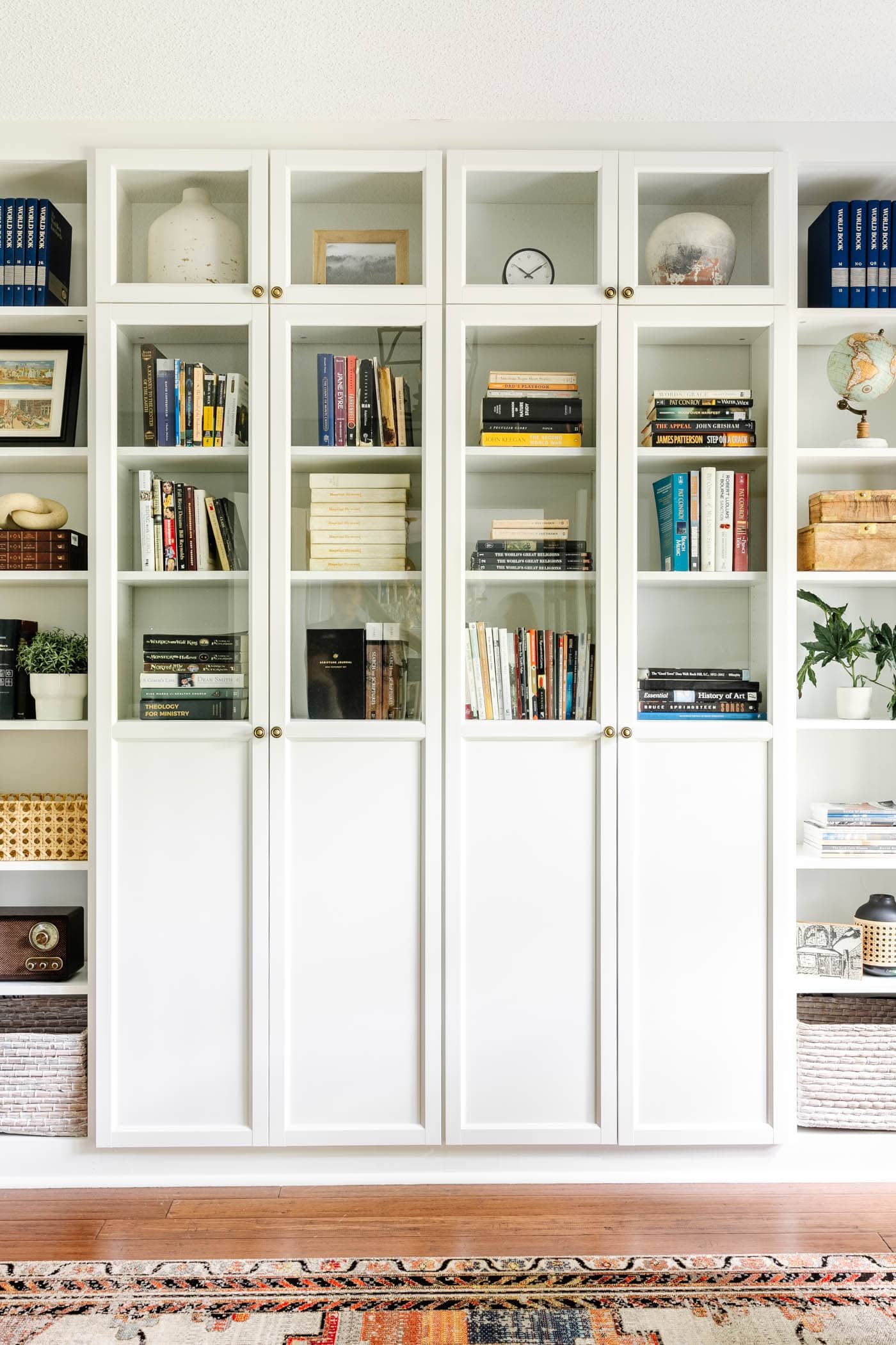 finished IKEA Billy bookcase hack for built in bookshelves in an office