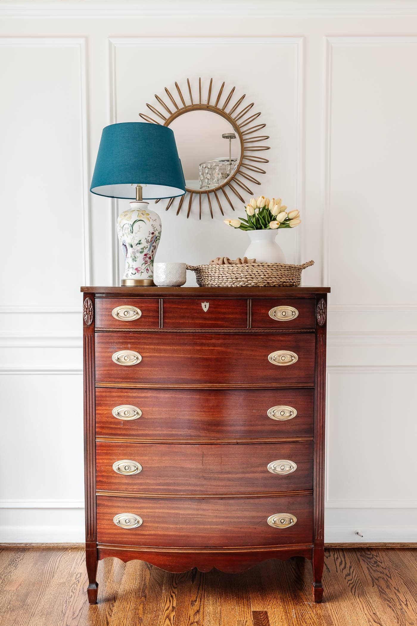vintage wood chest of drawers with chinoiserie lamp