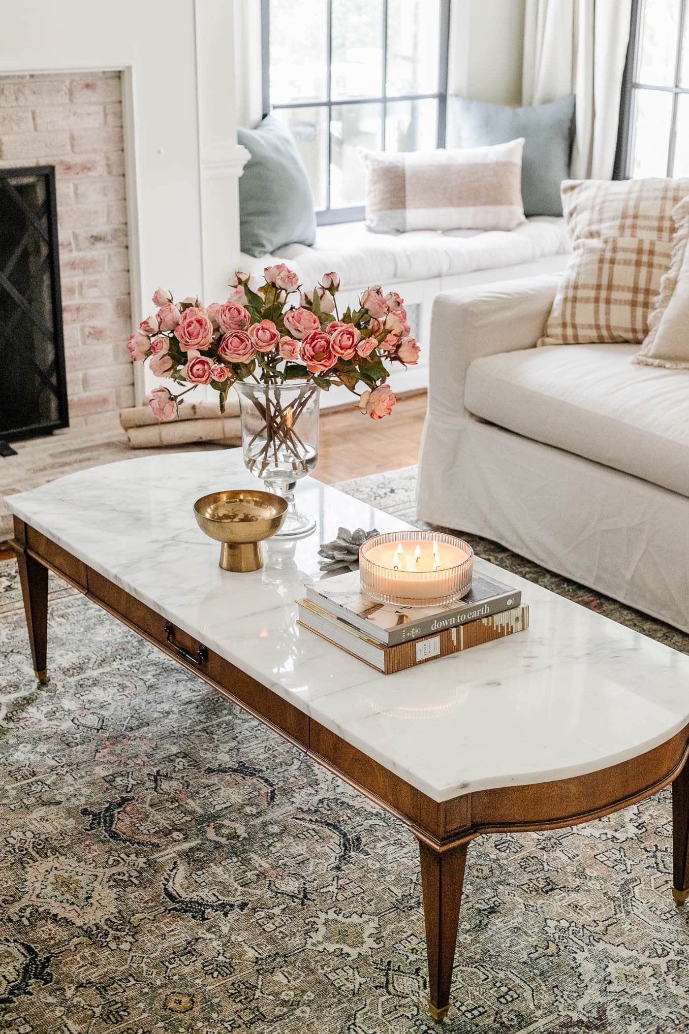 Facebook Marketplace marble coffee table in white living room