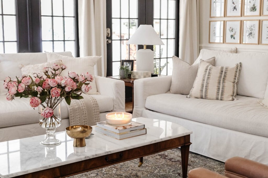 white living room with a timeless design of modern vintage accents