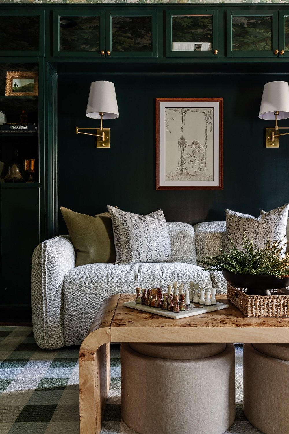 burl coffee table decor in front of modern recliner couch