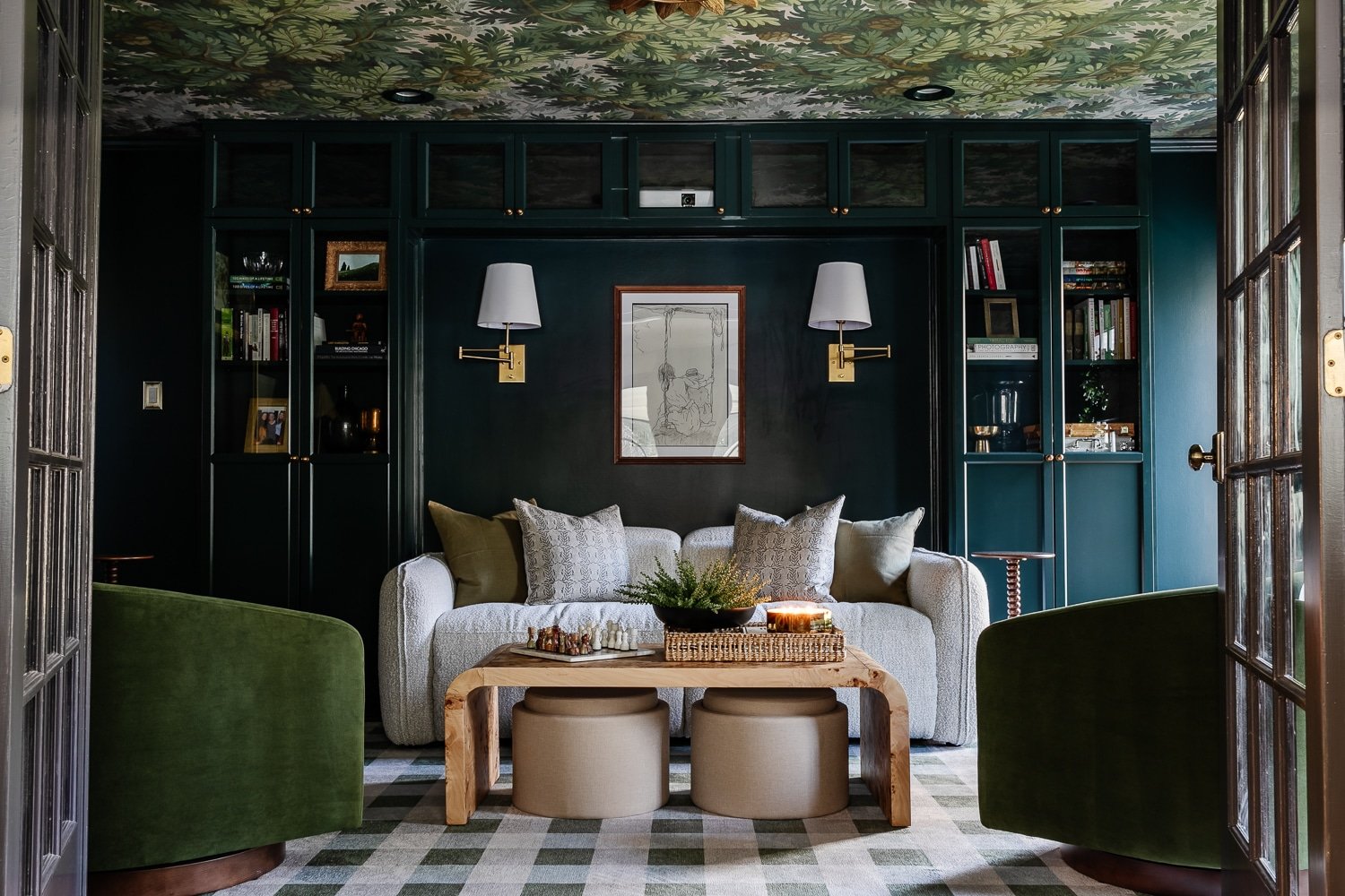 recliner sofa surrounded by built in bookcase