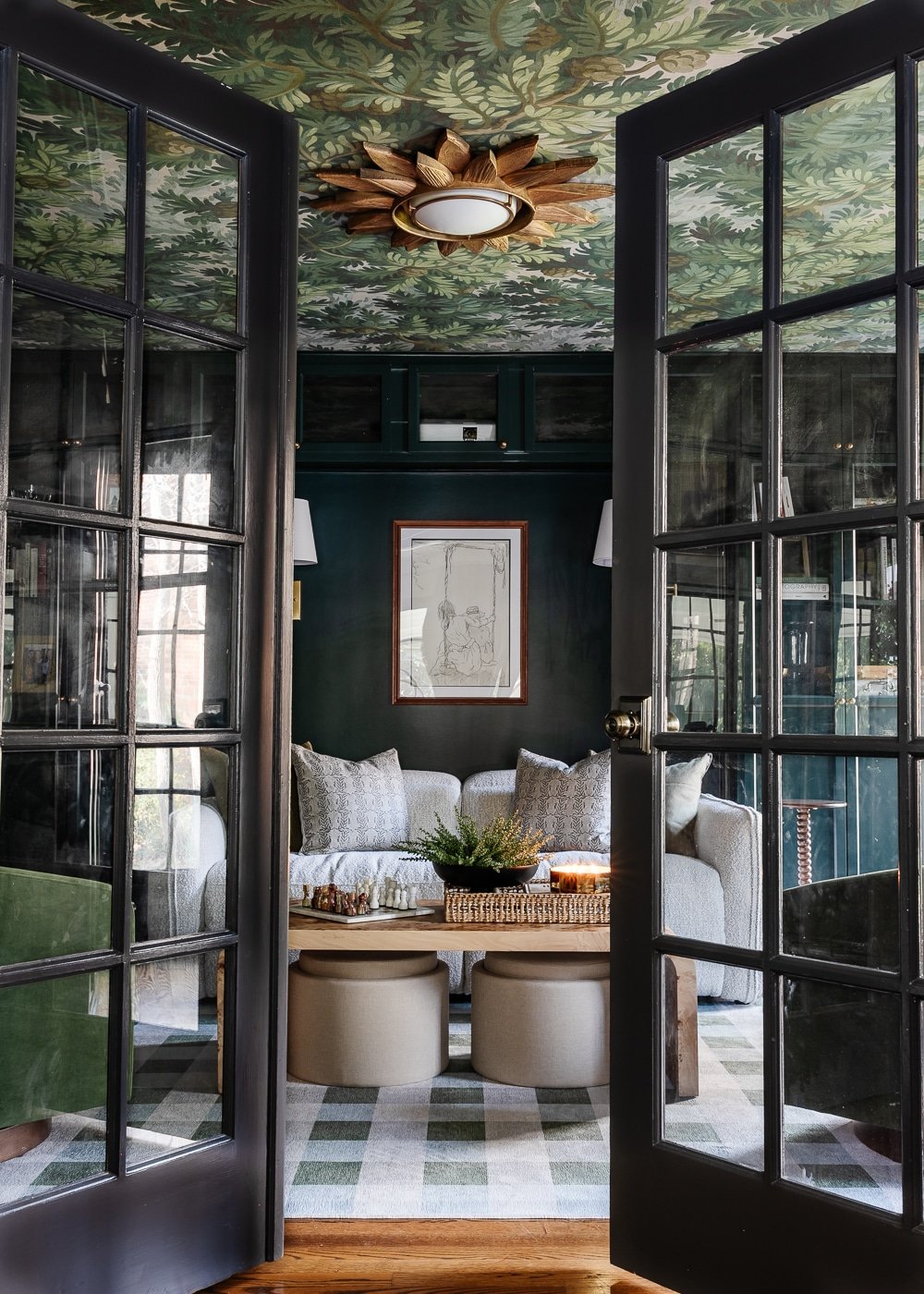 french doors leading into media room