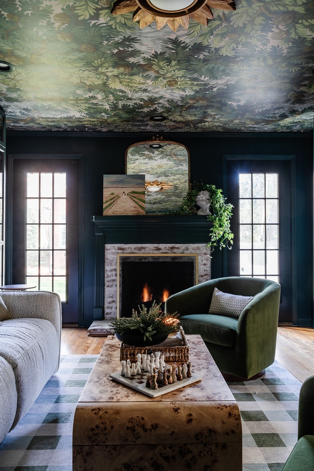 modern traditional media room fireplace with limewashed brick