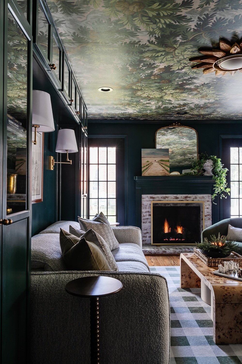 modern traditional home theater room with fireplace painted Sherwin Williams Cascades