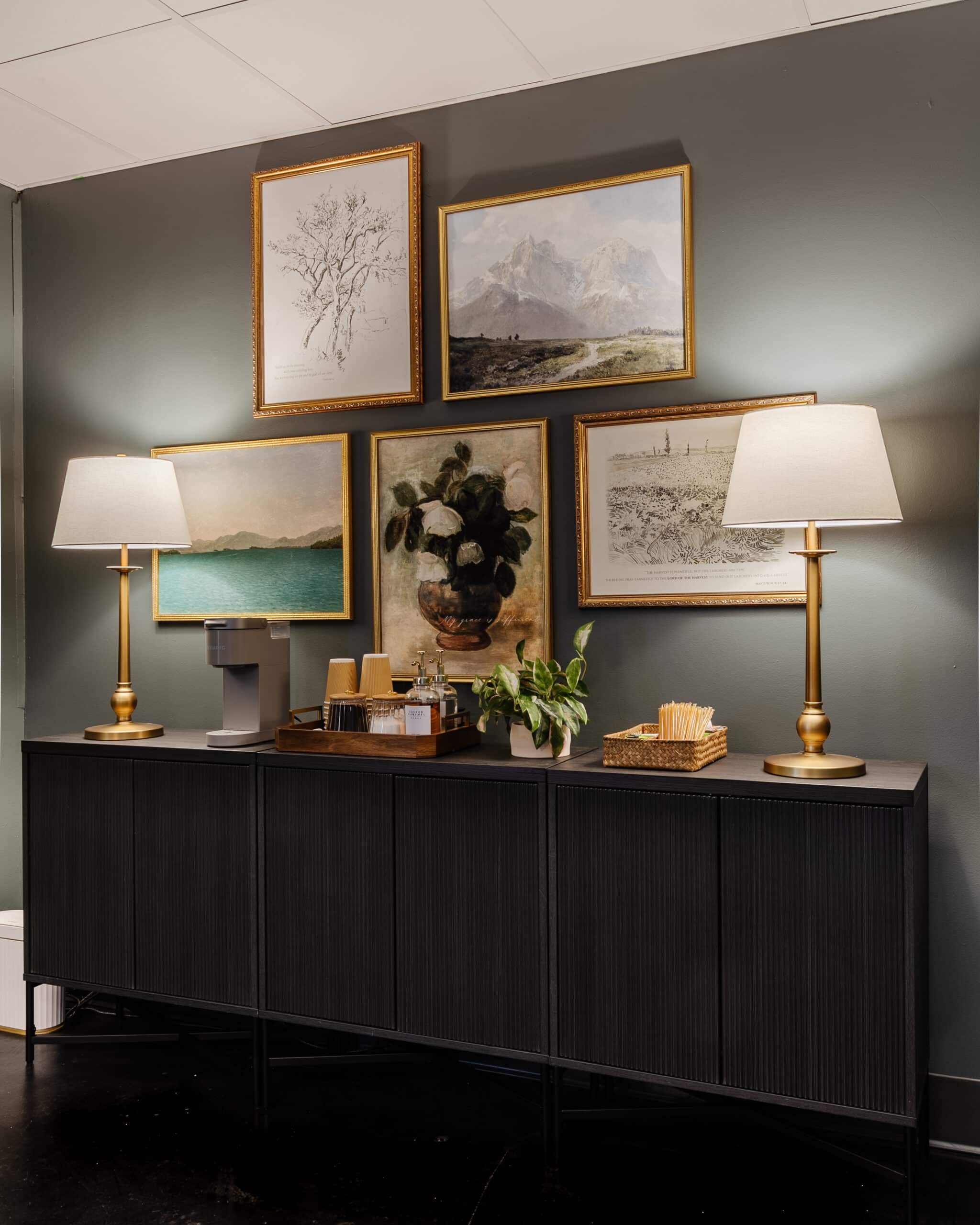 traditional gallery wall in office