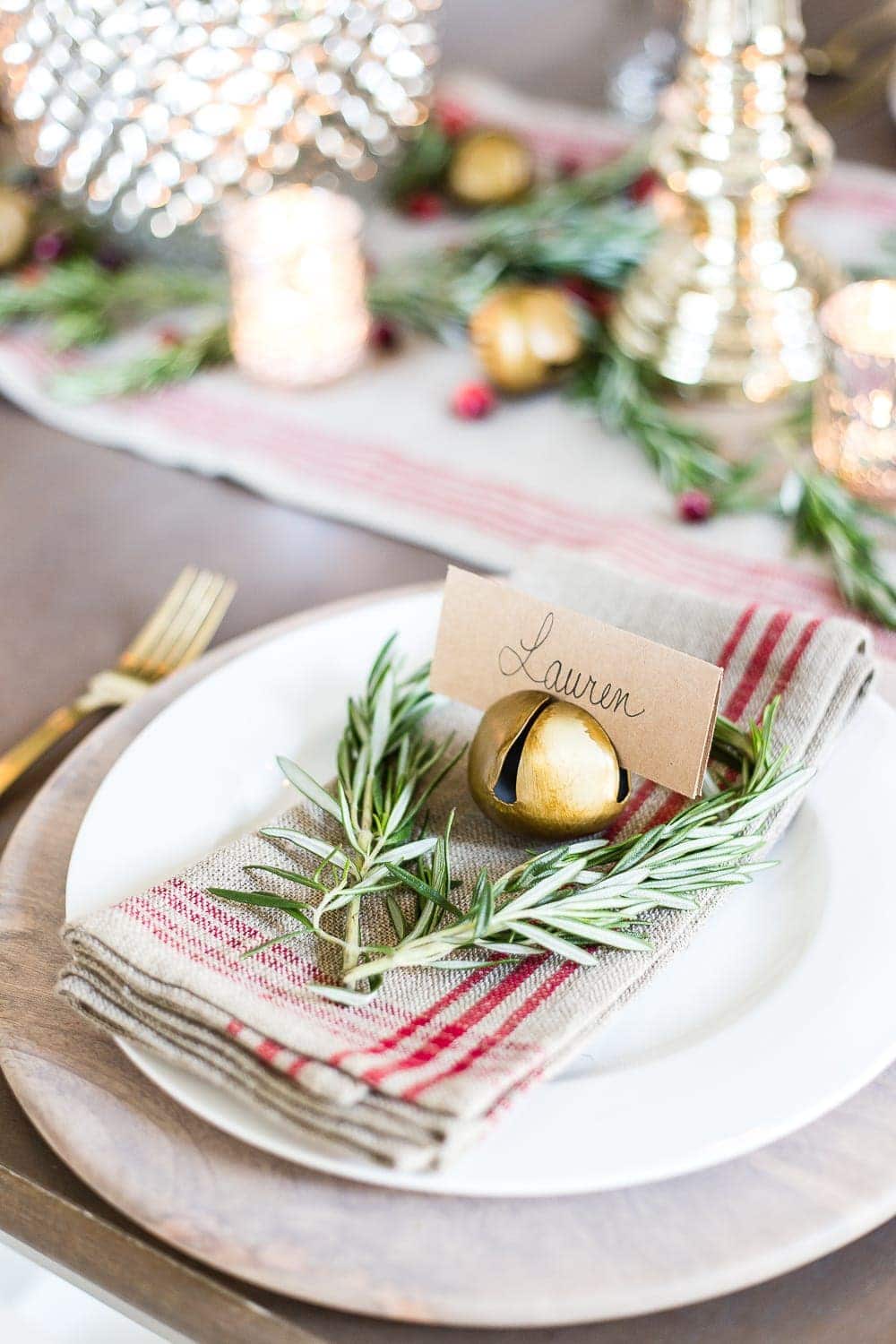 repurposed Christmas place setting using a jingle bell