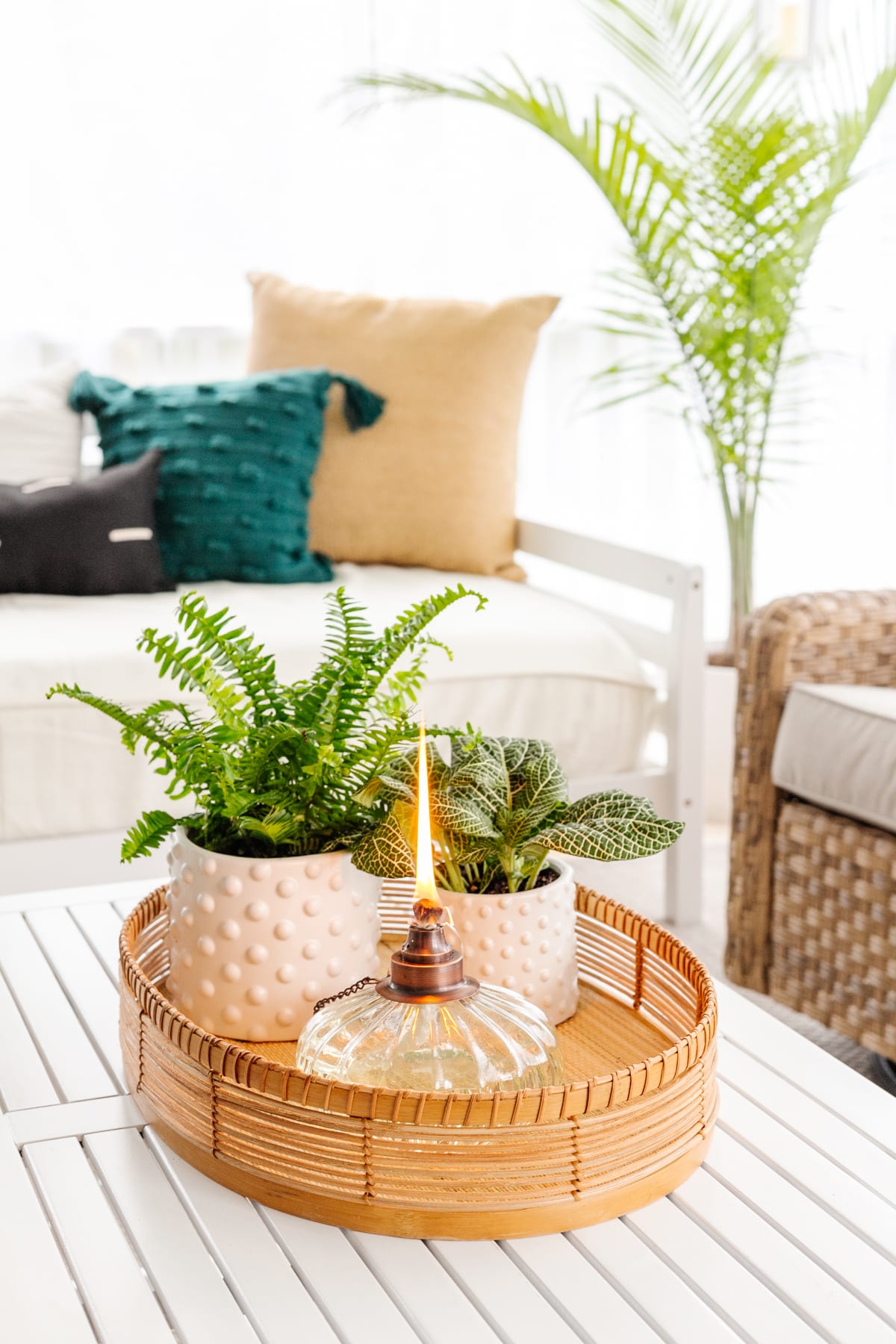 tabletop tiki torch on an outdoor coffee table