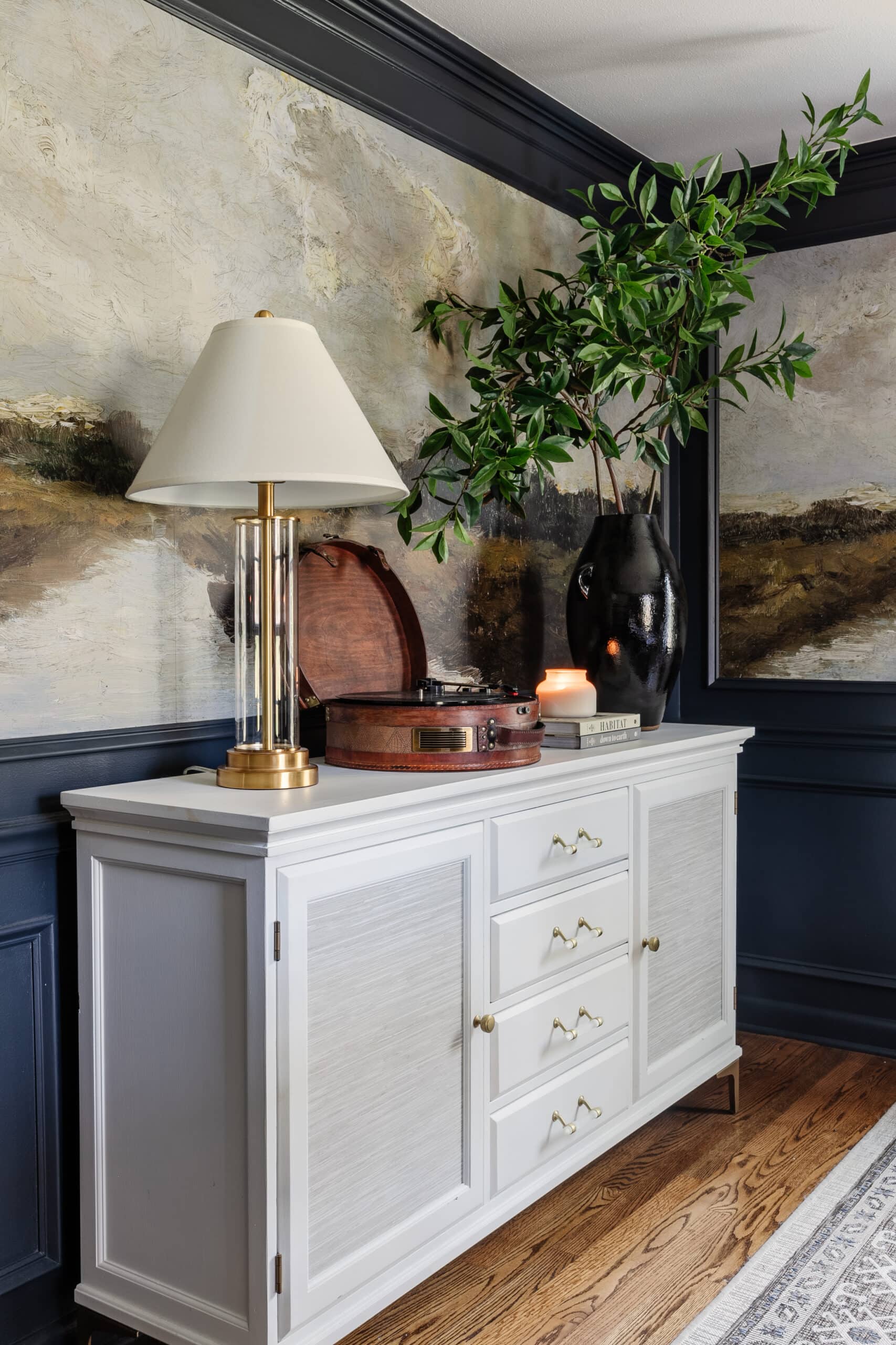 peel and stick scenic mural behind a dining room sideboard