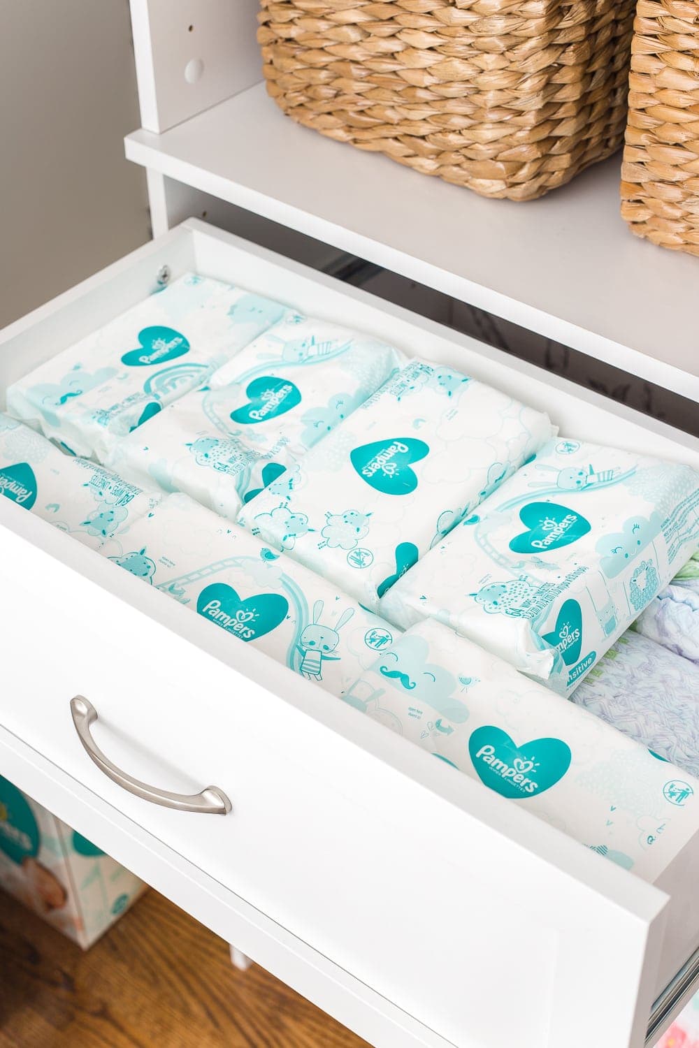 Nursery Organization | Closet drawers with extra disposable wipes and diapers