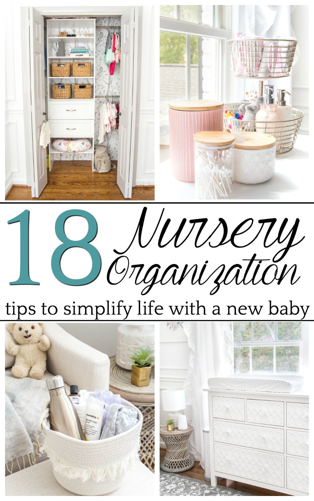 Nursery organization strategies to keep feeding, clothing, and diapering essentials easy to navigate and make baby care less stressful. #nurseryorganization