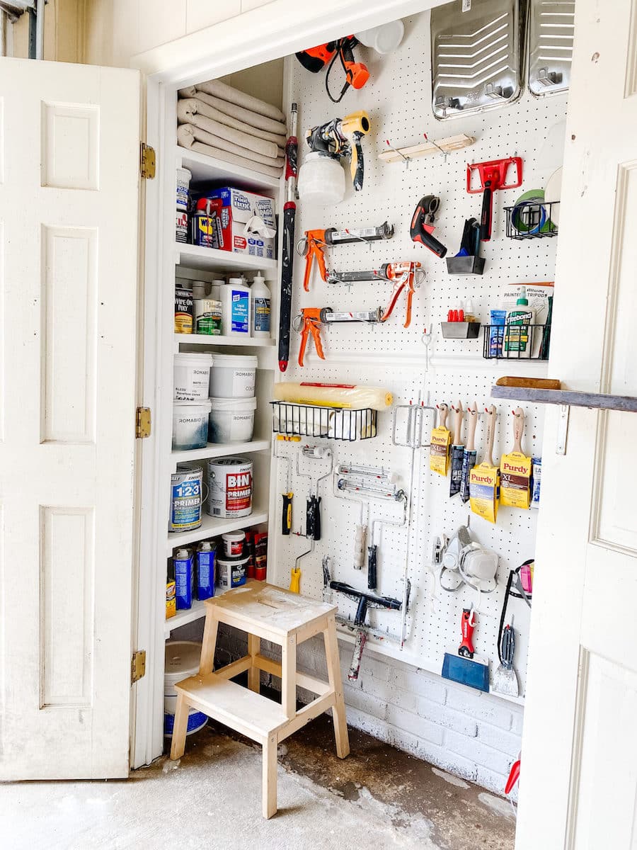 paint storage organization in a closet