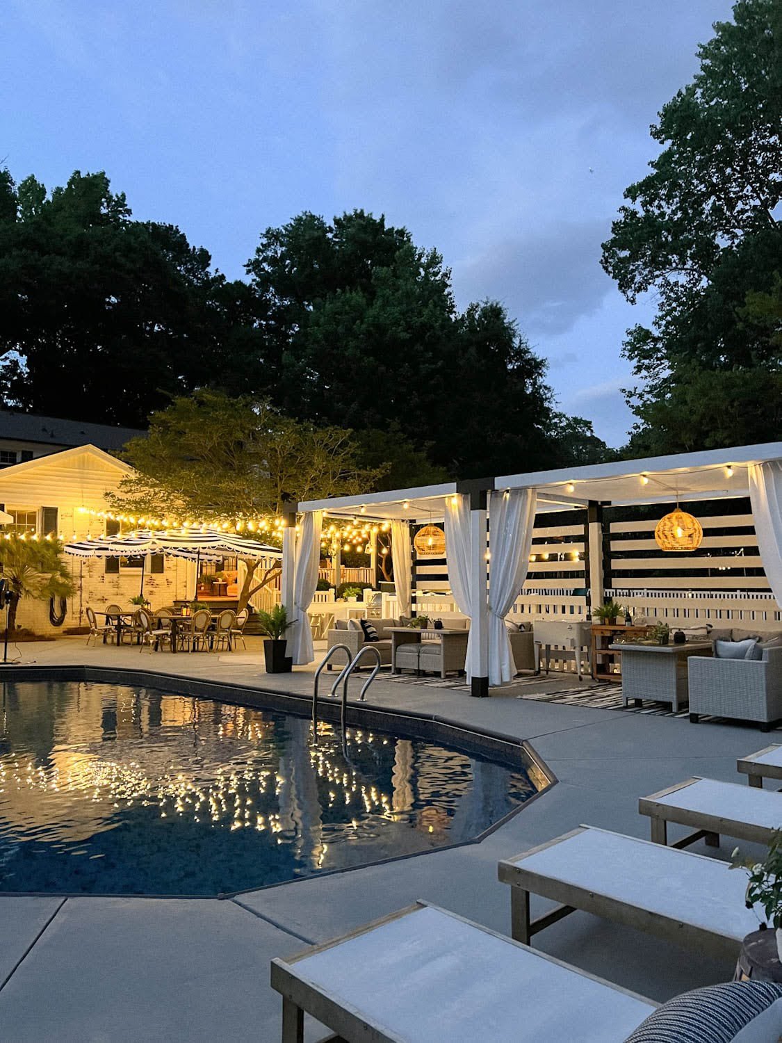 backyard solar lights as ambiance for a night swim party