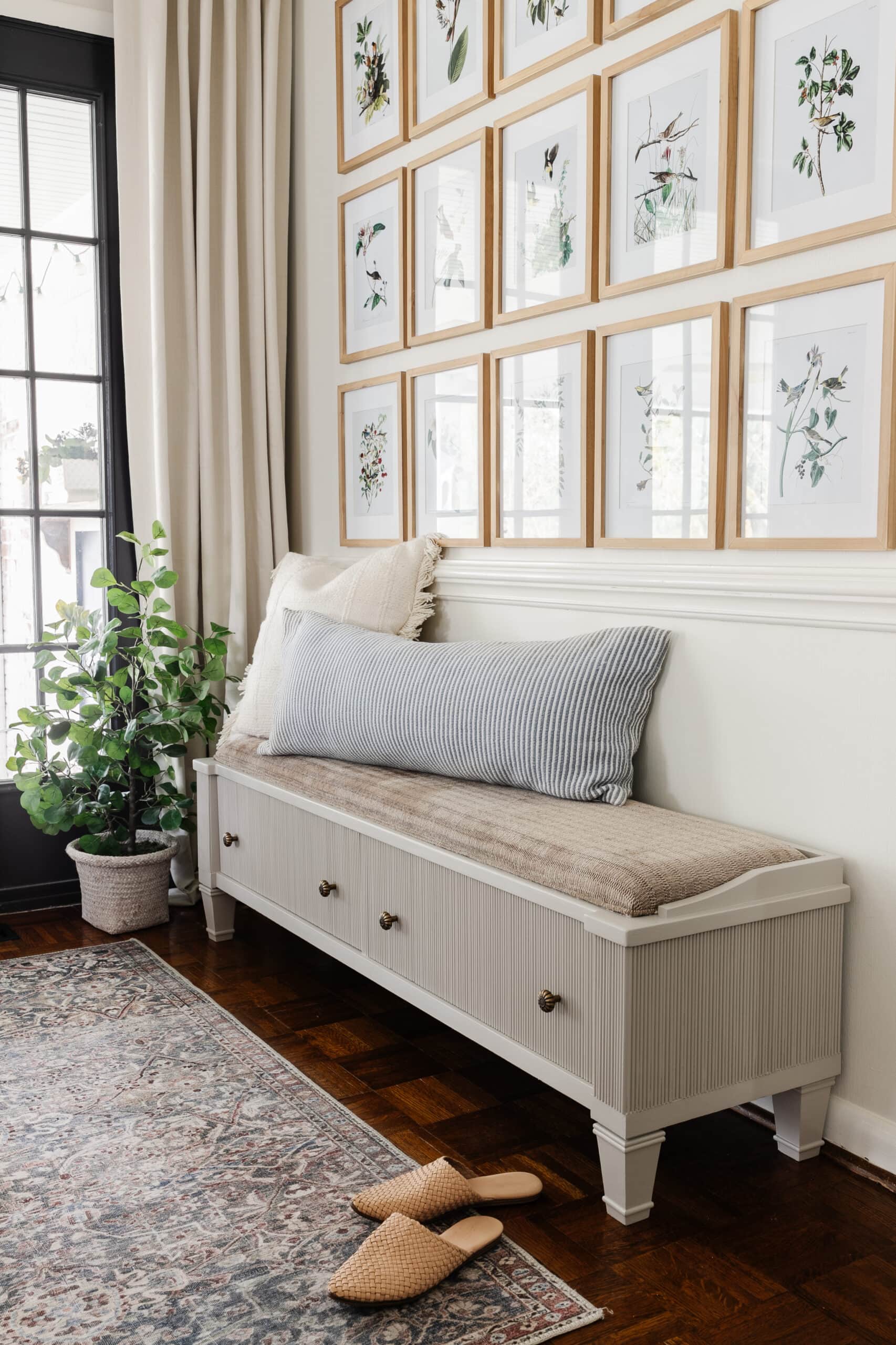 living room shoe storage in bench with drawers