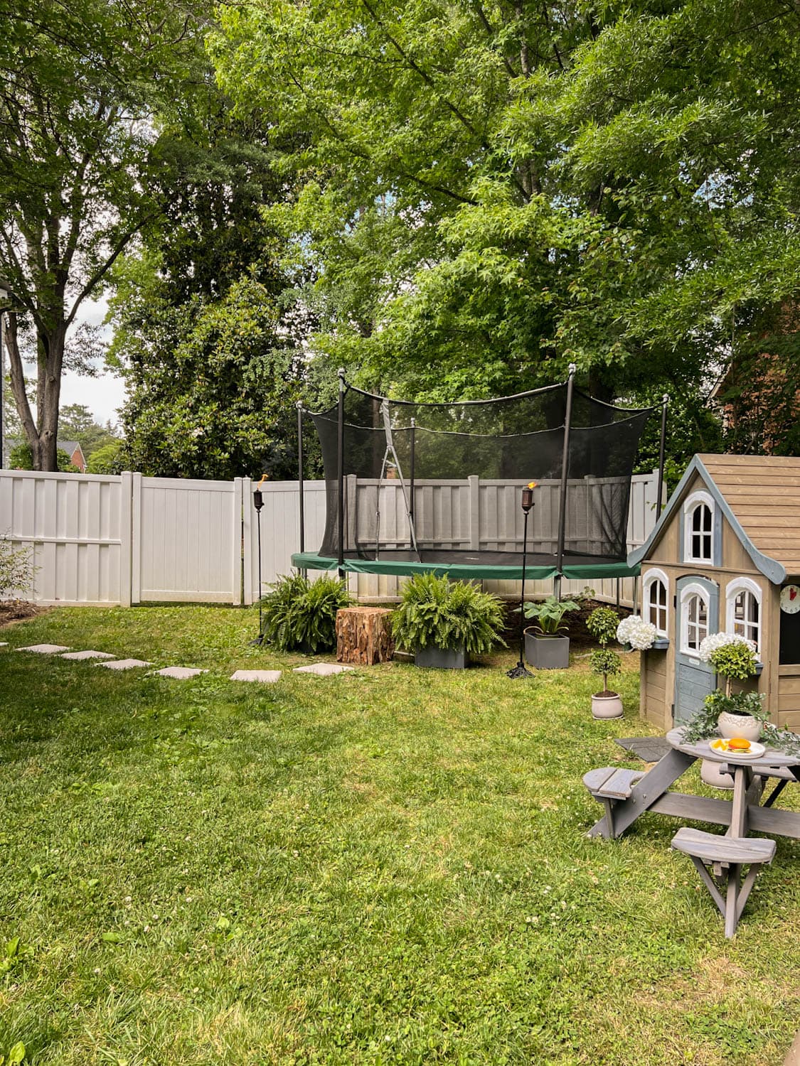 side yard with stepping stones leading to an outdoor trampoline