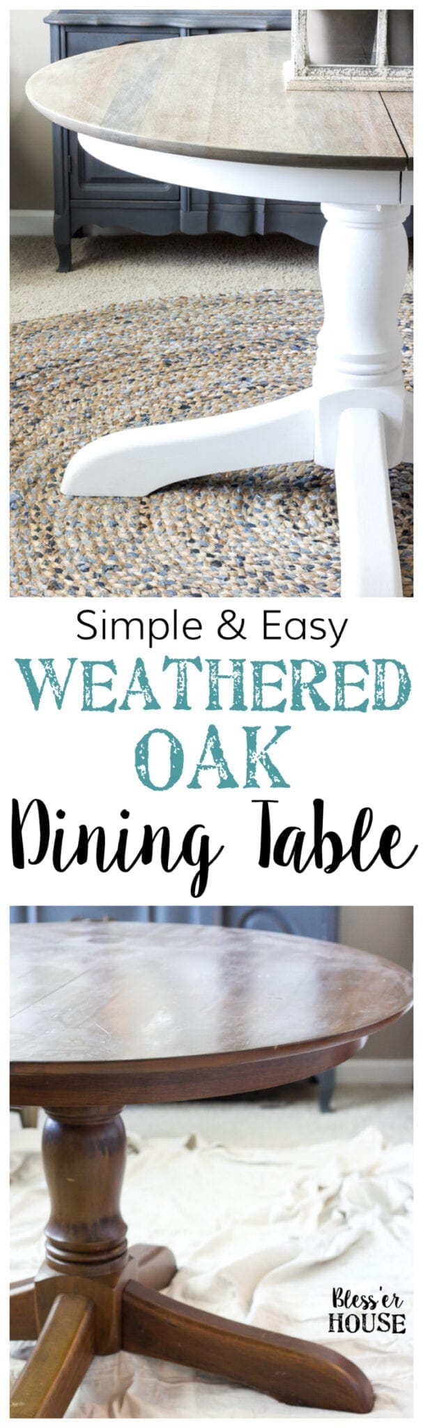 Weathered Oak Dining Table Makeover | blesserhouse.com - A thrifted banged up dining table gets a simple weathered oak finish for a high-end designer look. This tutorial is so easy! 