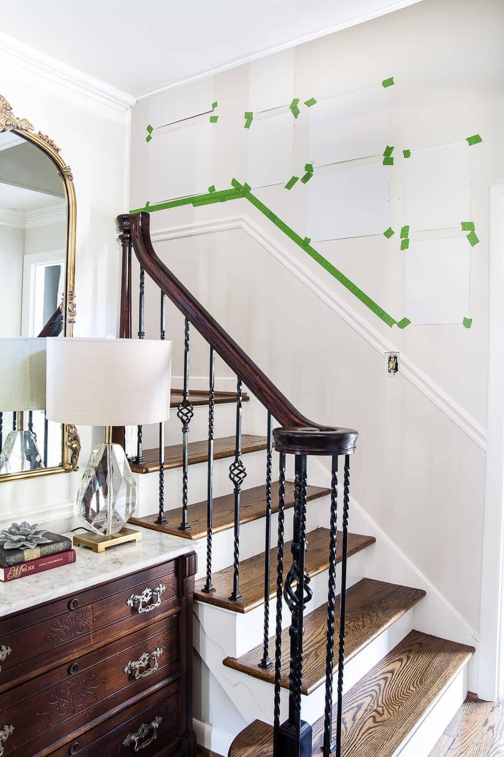 wrapping paper templates to make a gallery wall on stairs