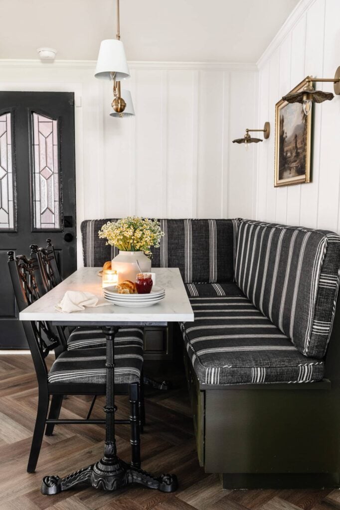 breakfast nook banquette with marble dining table