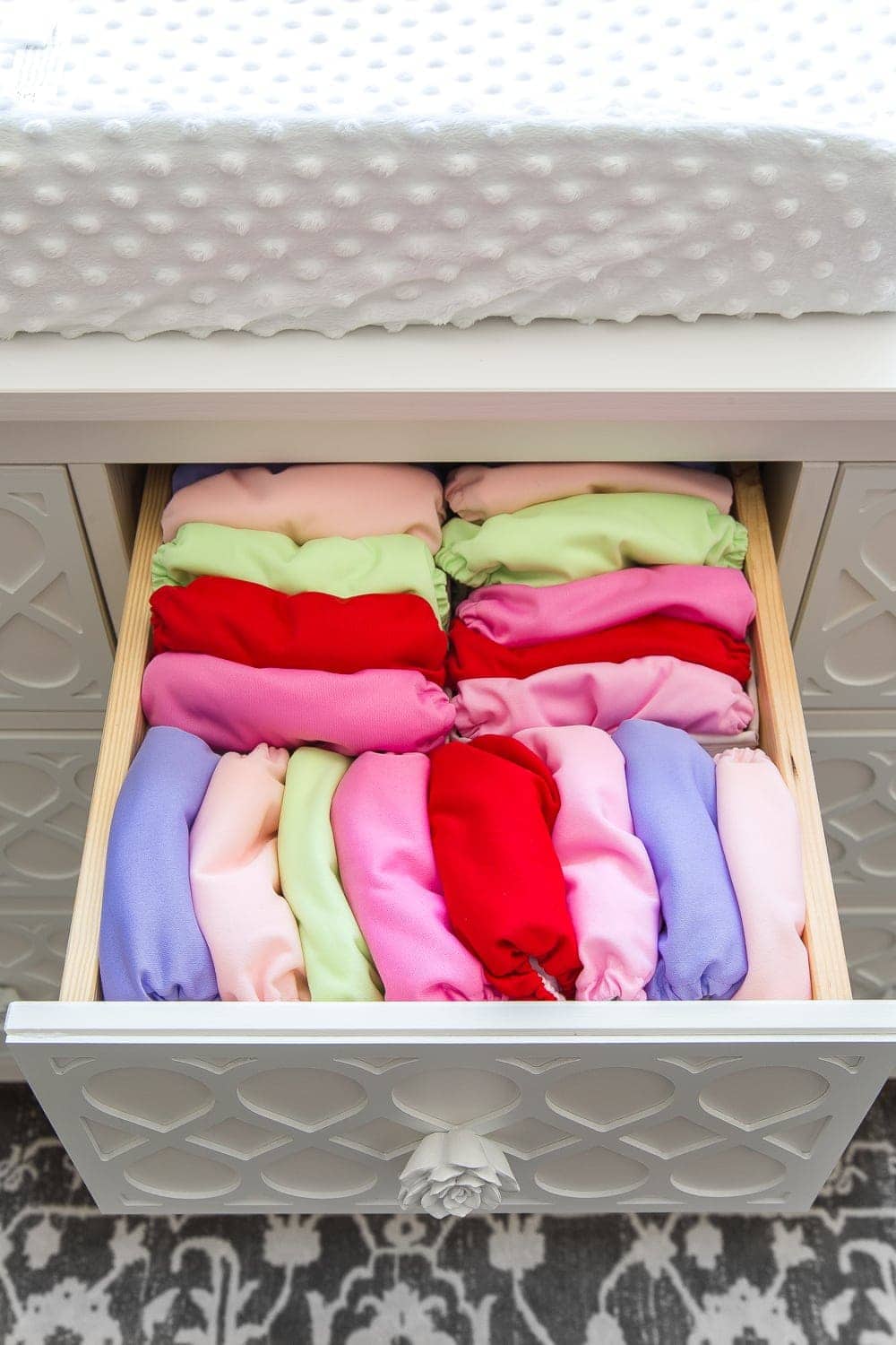 Nursery Organization | Dresser drawers with dividers to store cloth diaper covers