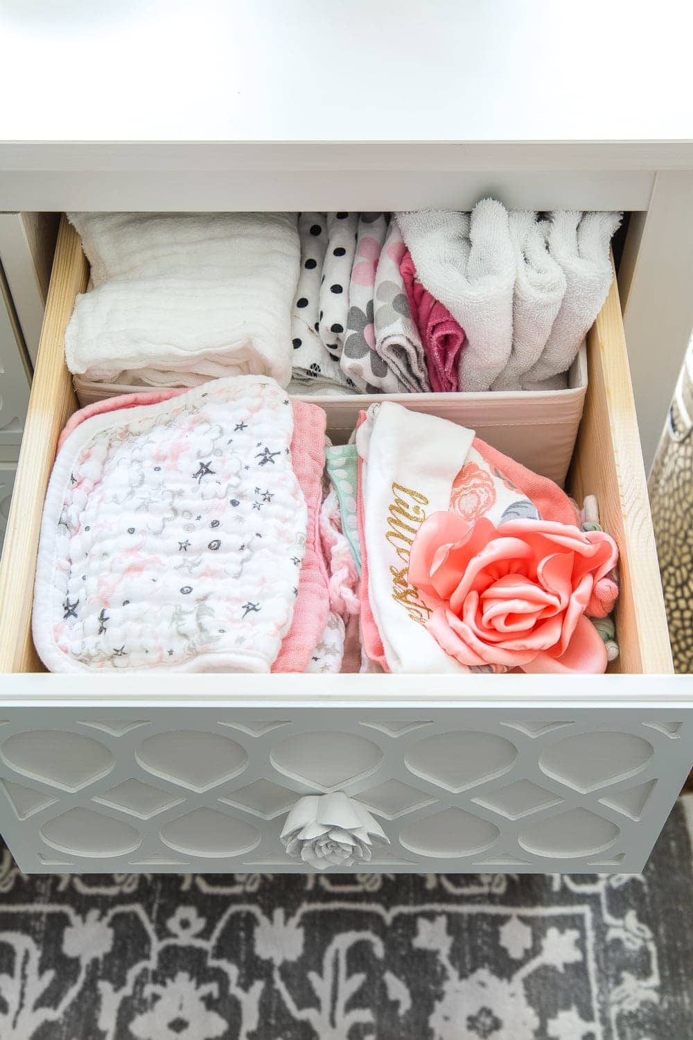 Nursery Organization | Dresser drawers with dividers to store burp cloths, bibs, and hats