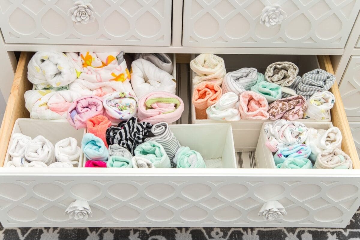 Nursery Organization | Dresser drawers with dividers to store baby clothes and swaddles in categories