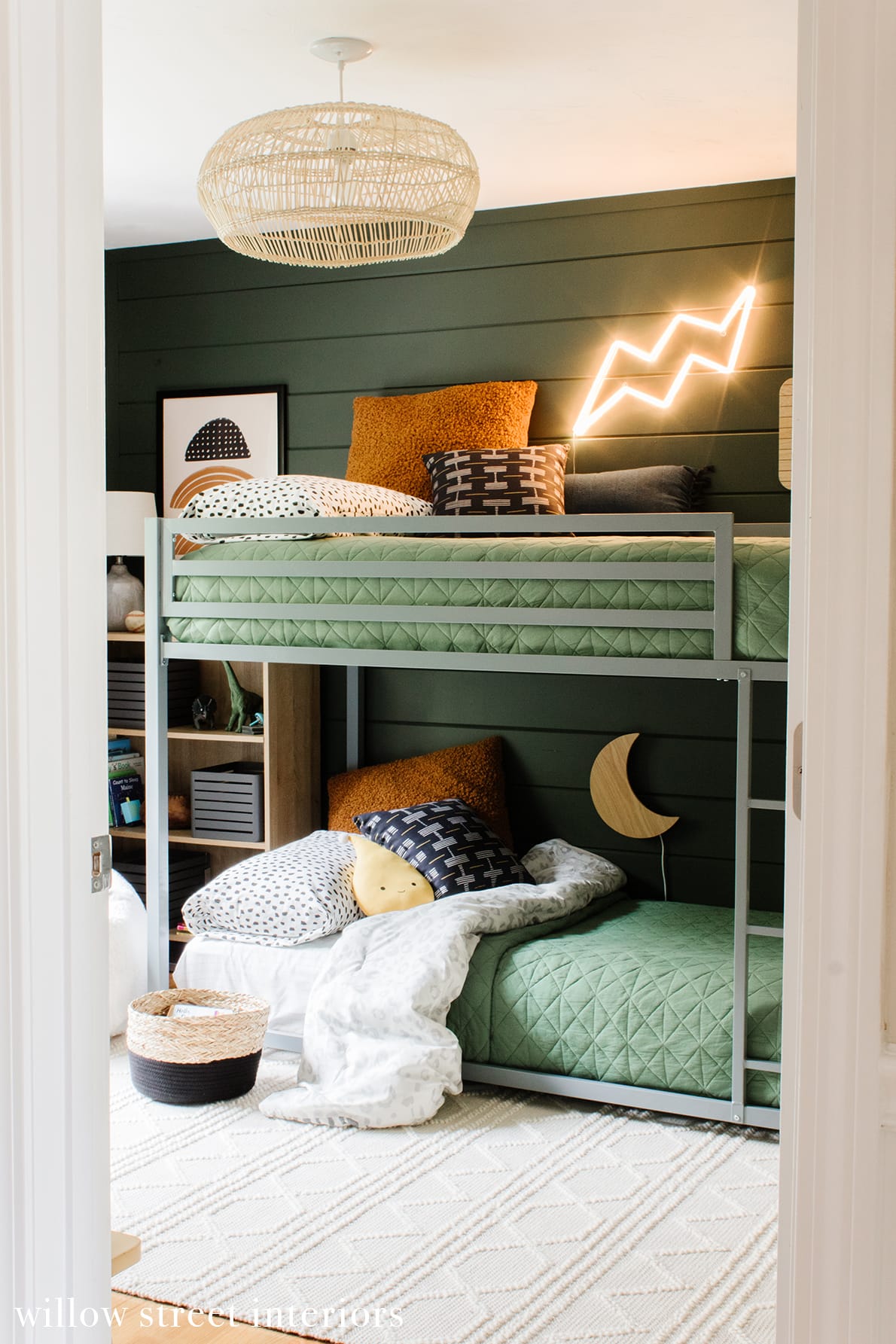 gender neutral modern bunk beds with plug in wall lights 